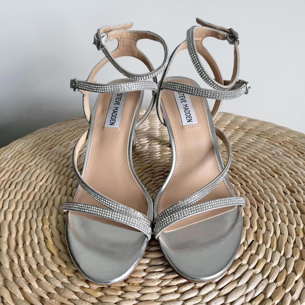 Steve Madden Graycen Silver Rhinestone Strappy Stiletto Heeled Sandal